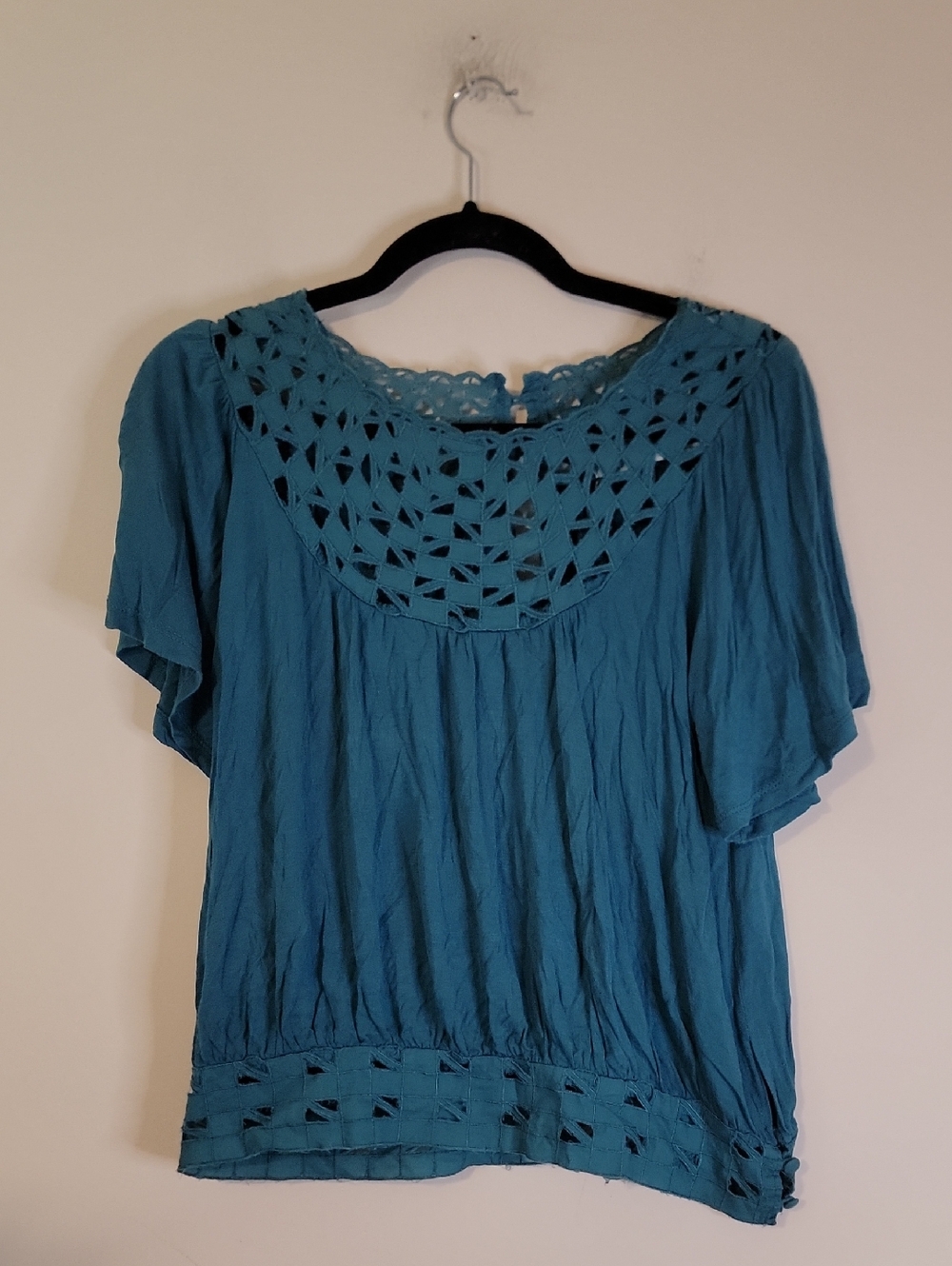 Kimchi Blue Teal Crochet Yoke Flutter-Sleeve Top
